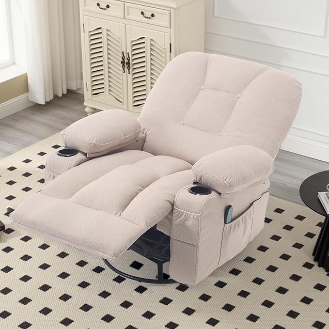 Rocker Recliner Chair with Massage and Heat Oversized Rocking Nursery Recliners Chair Overstuffed Swivel Glider with Cup Holder Fabric Manual Single Sofa for Living Room Beige