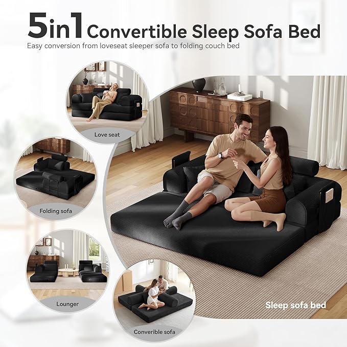 Upgraded 79 High Backrest Sofa Bed with Fixed Frame Corduroy Fabric Convertible Couch for Small Spaces Removable Armrests &amp Backrest No Assembly Required (High Backrest Black) | Convertible