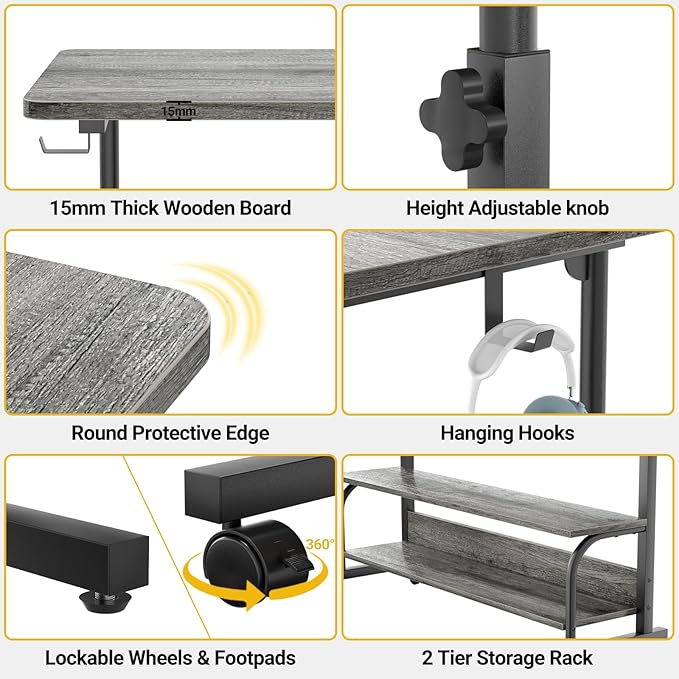 39 Height Adjustable Standing Desk with Power Outlets - Manual Rolling Stand Up Desk with Wheels Small Portable Computer Desk Mobile Laptop Table with Storage Shelves for Home Office Grey Oak