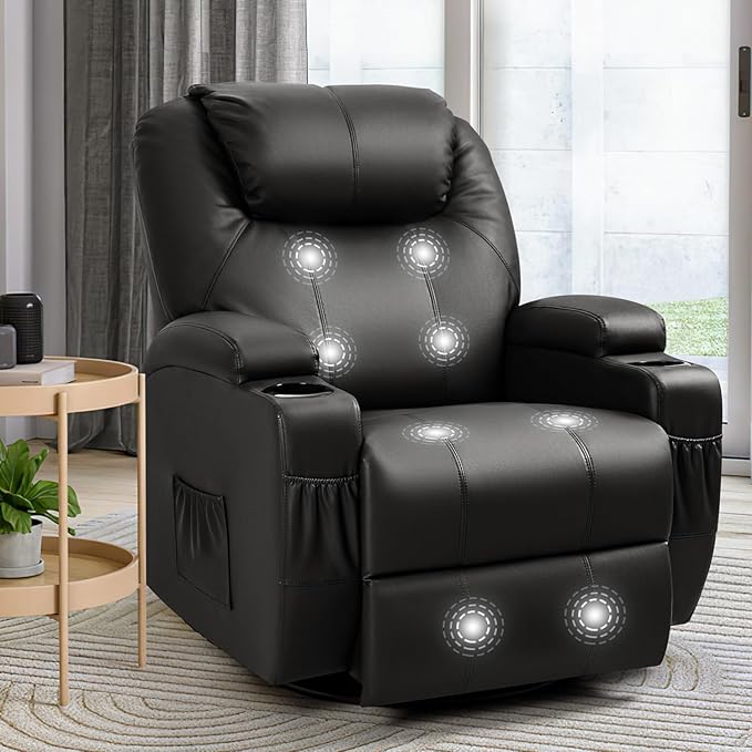 Furniwell Rocker Recliner Chair with Massage for Elderly Leather Adjustable 360°Swivel Rocking Sofa for Living Room with Remote Control Cup Holders (Black)