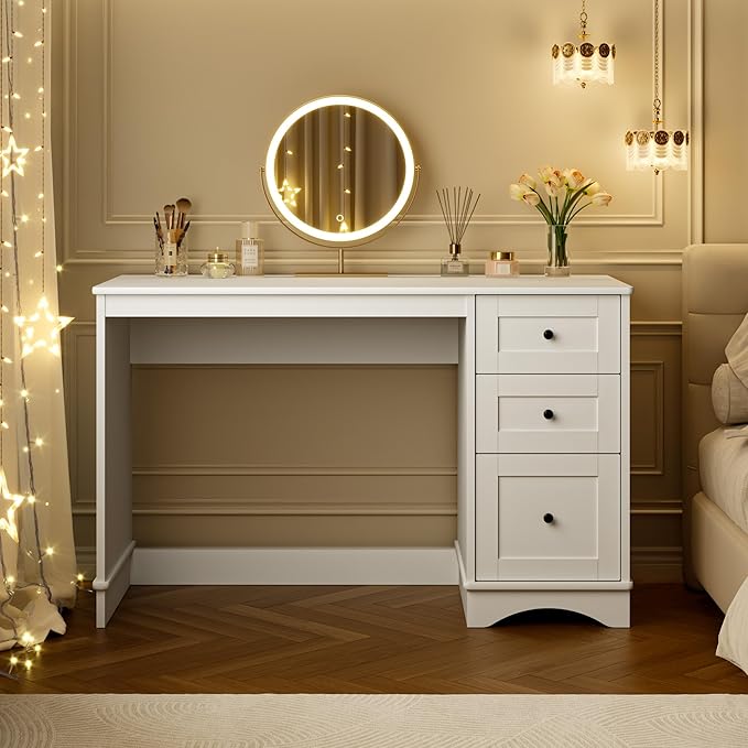 48”White Computer Desk with 3 Drawers Modern Office Desk with Storage Small Writing Desk for Bedroom Living Room Office