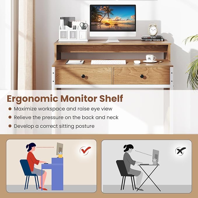 Giantex Small Computer Desk with Hutch &amp Drawers Extendable Writing Desk w/Pull Out Secondary Table Monitor Stand &amp Rolling Wheels Console Table Compact Desk for Small Spaces (Natural)