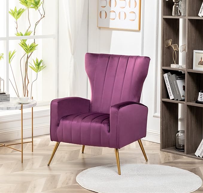 Modern Velvet Accent Chair Channel Tufted Bedroom Office or Living Room Furniture with Elegant Metal Legs 26 Wide Armchair Purple