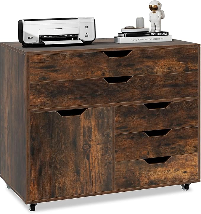 File Cabinet 5 Drawer Filing Cabinet with Door Mobile Storage Organizer Wooden Printer Stand on Wheels for Study Home Office Living Room (Rustic Brown)