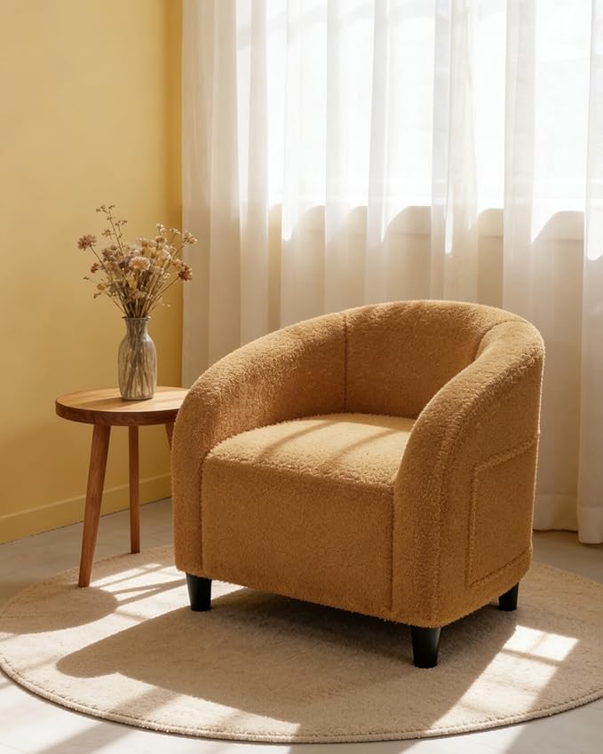 GarveeHome Accent Barrel Chair Boucle Club Chair Furry Sherpa Armchair Suitable for Living Room Bedroom Reception Room Office(Yellow)