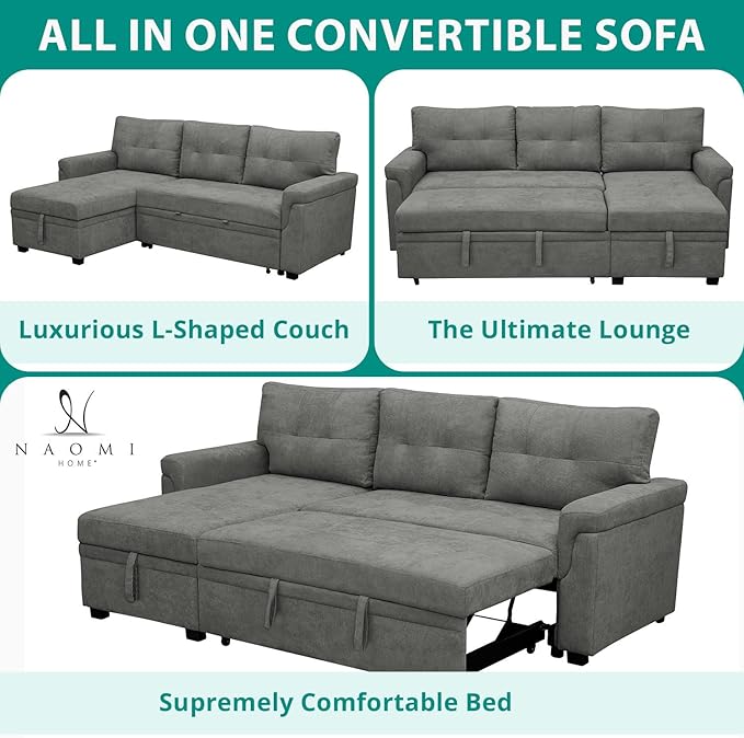 Naomi Home Laura Reversible Sleeper Sectional Sofa Storage Chaise Gray/Velvet