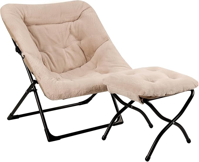 Comfy Saucer Chair for Adults Soft Faux Fur Bedroom Chair with Ottoman Accent Dorm Chairs Living Room Reading Chairs and Footstool Folding Seat for Teens X-Large Light Khaki