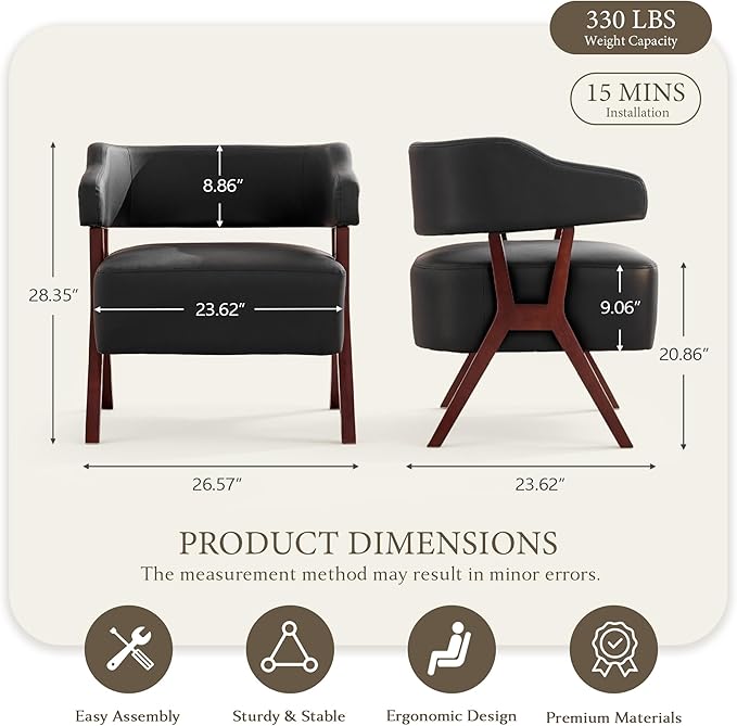 STHOUYN Leather Accent Chairs Barrel Chair with Solid Wood Frame Mid-Century Modern Wooden Armchair with Wraparound Back Comfy Office Reading Chair for Living Room Bedroom (1 Black)