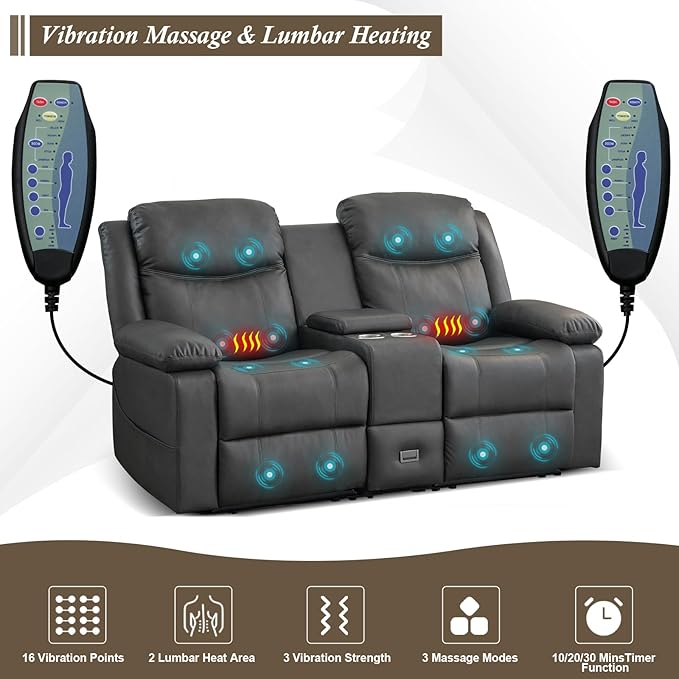 Loveseat Recliner Reclining Sofa with Console Double Reclining Couch 2 Seater Manual Massage Couch for Living Room Office Home Theater(PU-Grey)
