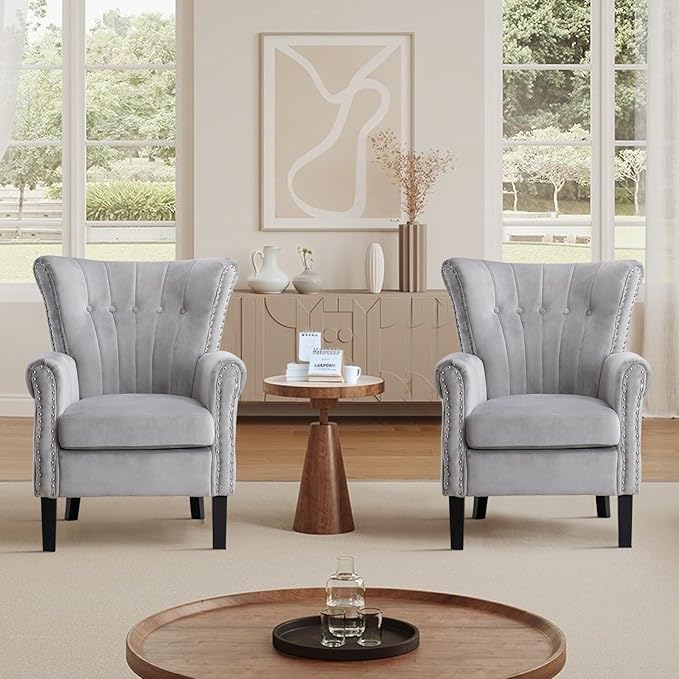 Velvet Accent Chair with Arms Modern Wingback Tufted Armchair Soft Cushioned Club Chair with Solid Wood Legs for Living Room Bedroom Home Office Light Grey