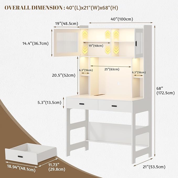 Vlsrka Home Office Desk with Hutch and Drawers 40 Computer Desk with Storage Shelves and LED Lights Modern Wooden Writing Study Table with Charging Station for Bedroom White