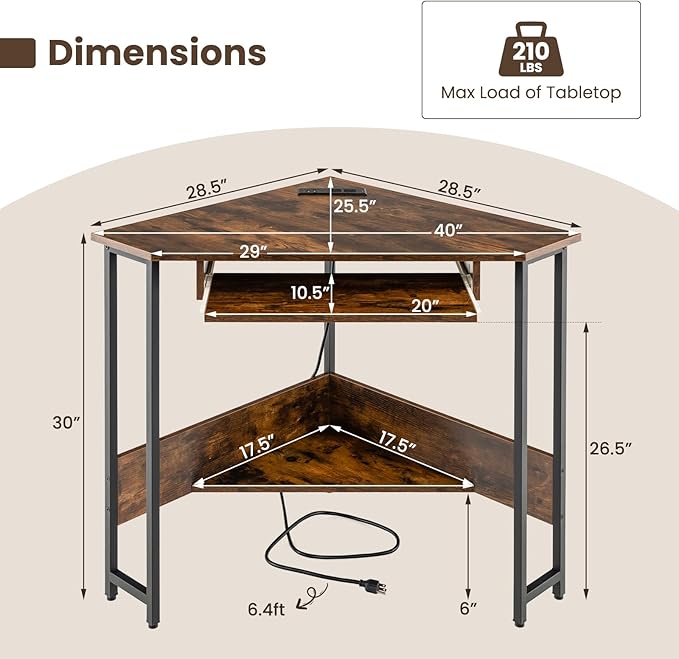 Corner Desk with Outlets &amp USB Ports Computer Desk W/Storage Shelf &amp Keyboard Tray for Small Space Industrial Small Side Table for Home Office Workstation Rustic Brown