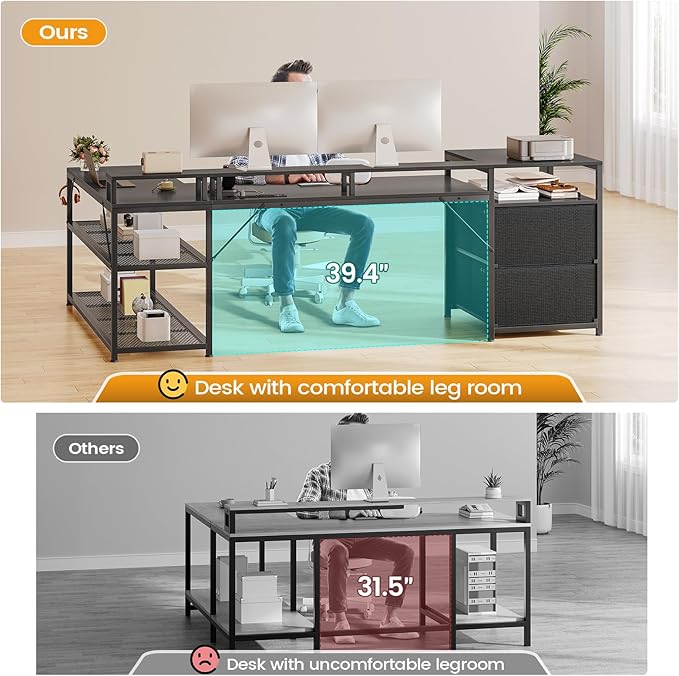SEDETA 67 L Shaped Desk with Drawers Computer Office Desk with Storage Shelves &amp Power Outlet Reversible Gaming Desks with LED Lights for Home Office Black