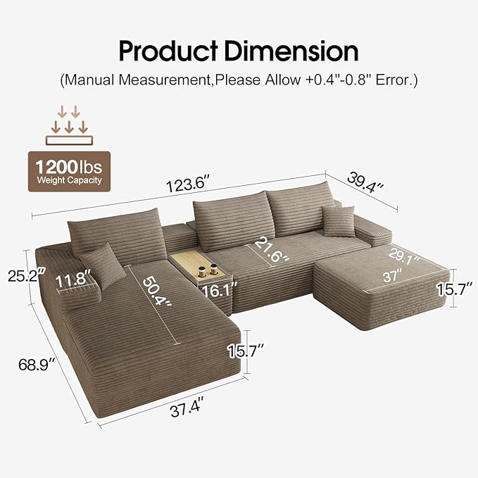 ‌123.6 Modern Cloud Boneless Corduroy Sectional Couch with U-Shape Chaise Ottoman and Side Table No Assembly Required Deep Seat Upholstered Modular Sofa for Living Room (Camel Left Facing)