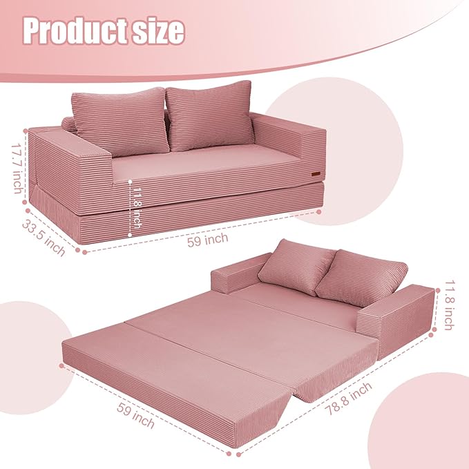 COMAX Convertible Sofa Bed Queen Corduroy Folding Floor Couch Pull Out Couch Bed Futon Sleeper with Pillows Fold Out Boneless Sofa Comfy Lounge Mattress Loveseat for Living Room Bedroom Pink