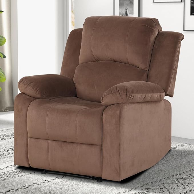 EBELLO Classic Recliner Manual Chair with Soft Padded Headrest and Armrest Overstuffed Recliner Single Sofa Chair for Living Room Bedroom Brown
