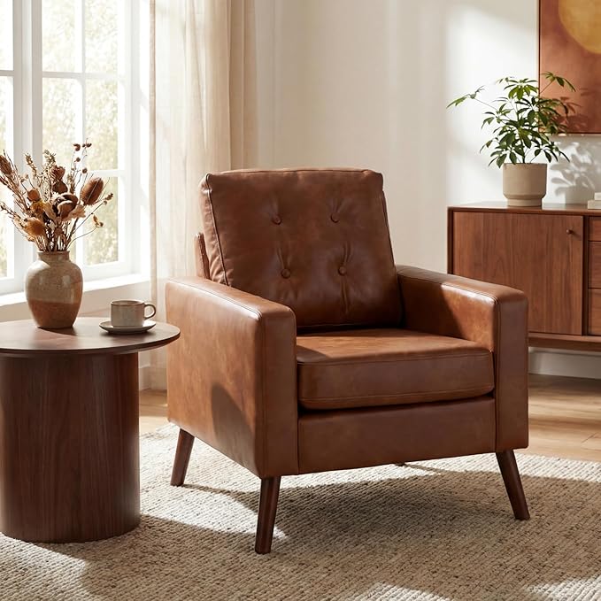 Brown Accent Chair Faux Leather Tufted Single Sofa Oversized Club Chair Armchair Mid Century Modern Armchair with Wood Legs for Reading/Living Room/Bedroom