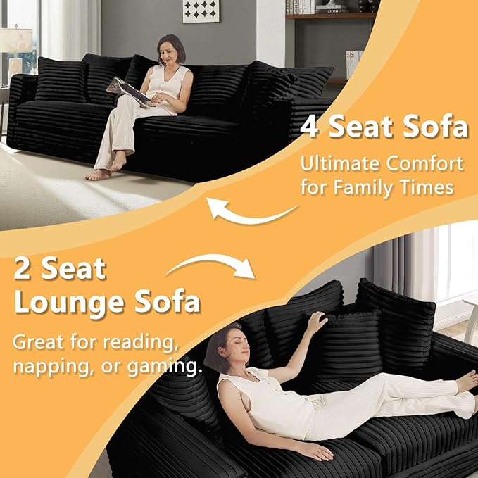 102.4'' Oversized Corduroy Couch Modular Sectional Sofa with Ottoman Upholstered 4 Deep Seat L Shape Sofa Convertible Cloud Couches with Chaise Lounge for Living Room Apartment Black