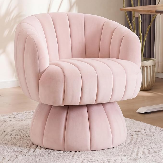Mid Century Modern 360 Degree Barrel Swivel Accent Sofa ChairFluffy Velvet Fabric Lounge Wide Upholstered Pumpkin Reading Chair Round Cloud Armchair for Living RoomBedroomVanity(Pink)