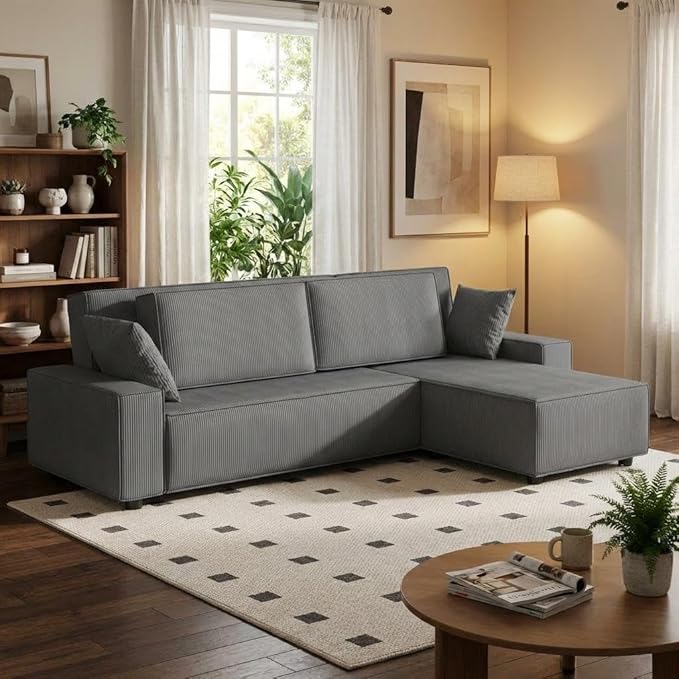 GAOMON Fine Stripe Corduroy Sectional Sofa l Shaped Modern Corduroy Couch Comfy Sofa Couch with Deep Chaise for Living Room Apartment Hotel 96 w*61 d*32 h Dark Grey