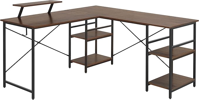 Techni Mobili Office Desk - Reversible L Shaped Desk with Storage Shelves Monitor Stand &amp Accessory Holder - Ergonomic &amp Industrial Workstation Corner Table with Durable Steel Frame Walnut