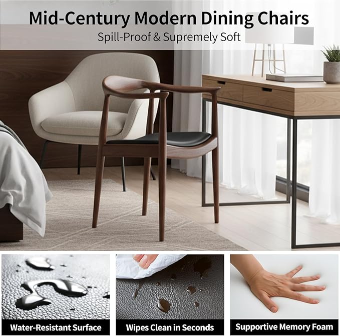 Tomile Hans Wegner Kennedy Armchair Mid Century Modern Upholstered Dining Chair with PU Leather Cushion Solid Wood Frame and Curved Backrest Fully Assembled Kennedy Chair for Dining Room (Walnut)