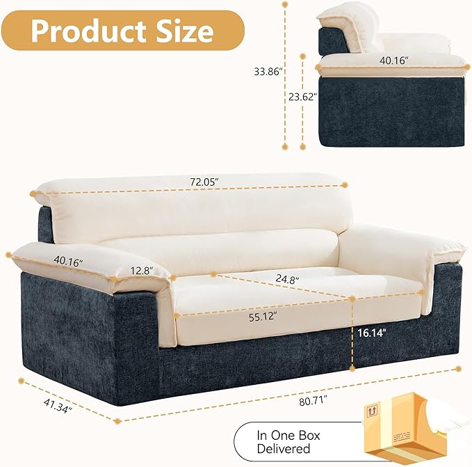 80'' Boneless Loveseat Sofa Oversized 2 Seater Couches Chenille Memory Foam Deep Seat Sofa for Living Room No Assembly Blue