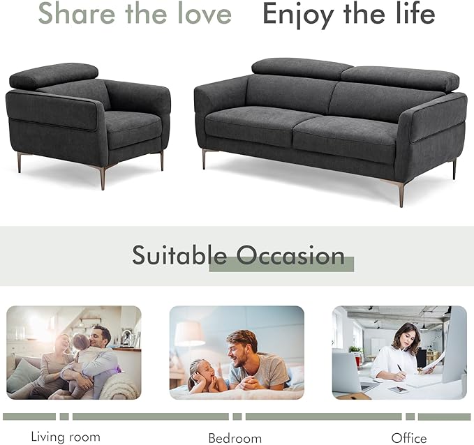 Giantex Sofa Couch and Accent Chairs Set Adjustable Headrest Comfortable Upholstery Cushion Easy Assembly 2-Seat Loveseat and Single Sofa for Living Room Reception Room Apartment Gray