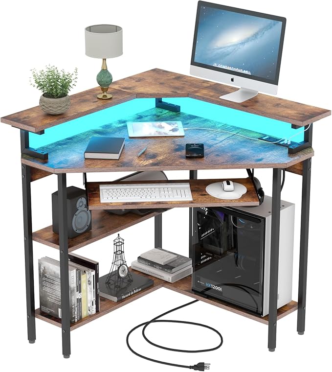 Auromie Corner Desk with Charging Station &amp LED Light Triangle Corner Desk with Monitor Stand &amp Keyboard Tray for Small Space Gaming Computer Desk with Storage Shelves for Home Office (Rusti
