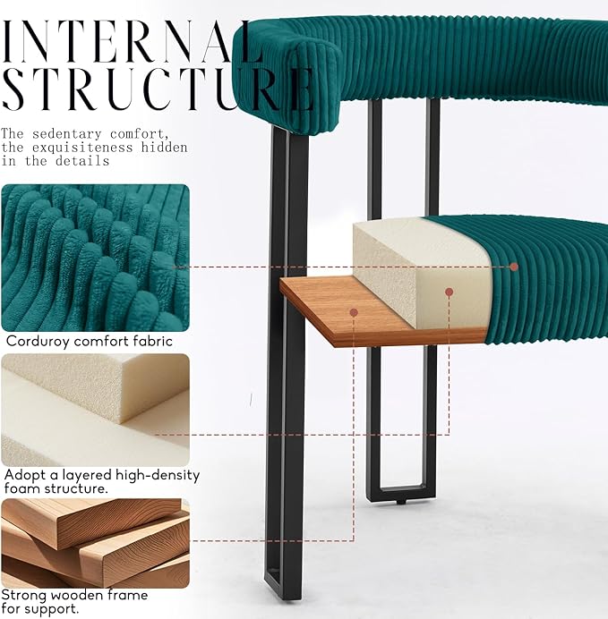 Vanity Chair for Makeup Room Corduroy Accent Chair with U-Shaped Backrest Modern Comfy Desk Chair No Wheels Upholstered Dining Chair Set of 2 with Metal Legs for Bedroom Living Room(Teal2)