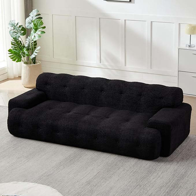 KEIKI 87.4 Cloud Couch Oversized 3 Seat Sofa with Button-Tufted Square Arm Deep Seat Chenille Seat for Living Room Guest Bedroom No Assembly Required Black