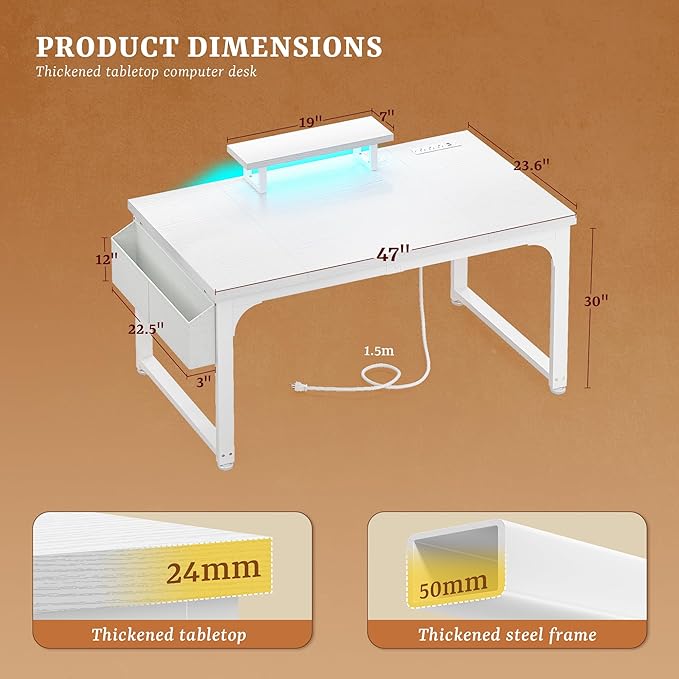 Computer Desk with Monitor Stand &amp 24mm Thicker DesktopGaming Desk with Power Outlets &amp LED LightWhite Writing Desk for Home Office Study Bedroom White