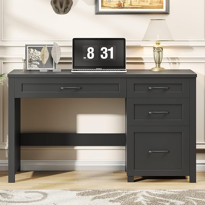 Vabches Farmhouse 47 Executive Desk Computer Desk with File Drawer and Charging Station Workstation for Home Office Study(Pure Black