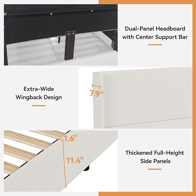 Queen Bed Frame Upholstered Platform Bed with 55.5 Tall Wingback Headboard Solid Wooden Slats Noise-Free Mattress Foundation No Box Spring Needed Easy Assembly Beige