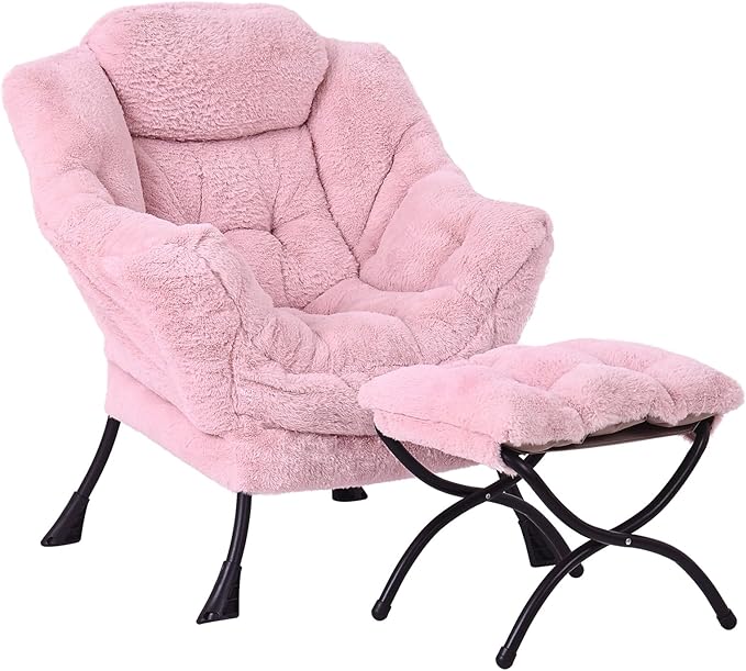 Lazy Chair with Folding Ottoman Modern Accent Lounge Armchair with Armrests and a Side Pocket &amp Foldable Footstool Leisure Reading Chair for Living Room Bedroom Dorm &amp Office Plush Pink