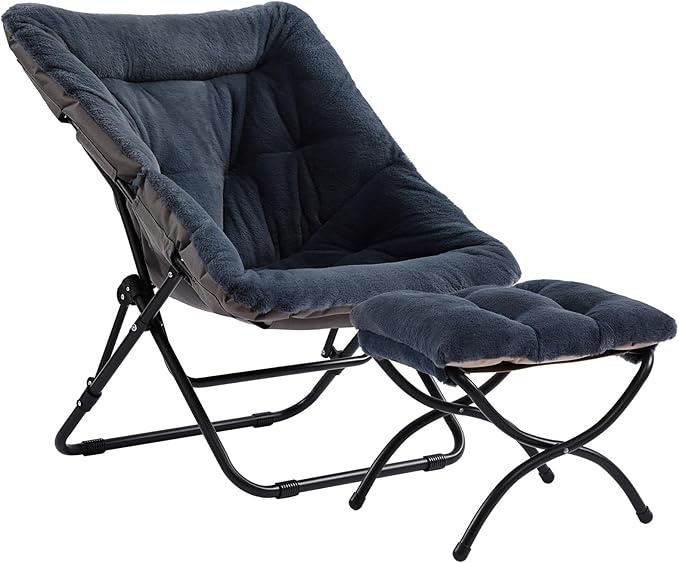 Saucer Chair with Ottoman Comfy Doorm Chairs Oversized Folding Faux Fur Chair Foldable Metal Frame Chair for Bedroom Living Room(Navy Blue)