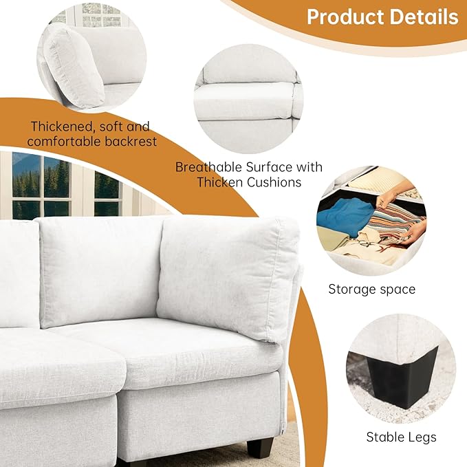 Modern Sofa Modular sectional Cloud Couch with 2 Ottomans 6-seat Chenille deep-seat with Storage and 6 Pillows for Living Rooms bedrooms and Apartments (Beige 2Seater)