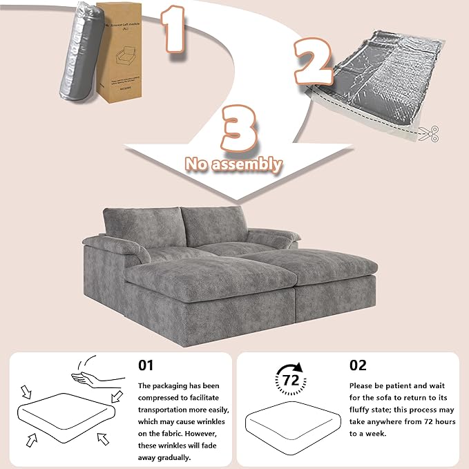 EASE MOOSE Oversized Cloud Couch Sectional Sofa Large Modular Couch for Living Room Minimalist Boneless Convertible Couches with Ottoman Deep Seat Sofas for Bedroom Chenille (Grey)