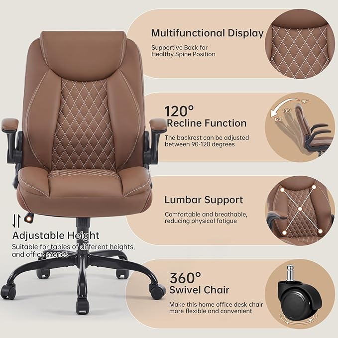 YFO Leather Office Ergonomic Home Office Desk Chair Back Support Swivel Executive Office Chair with Wheels and Flip-Up Armrests Small Gaming Chair with Adjustable Rocking Function Brown