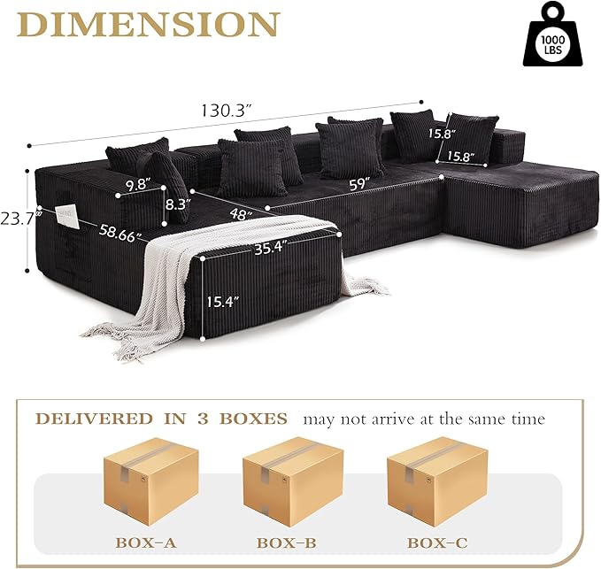 HOMREST 131 Boneless Memory Foam Sofa with Chaise Lounge Comfy Corduroy Deep Seat Modular Sectional Couch Large U-Shaped Floor Sofa for Living Room &amp Apartment No Assembly Required Black