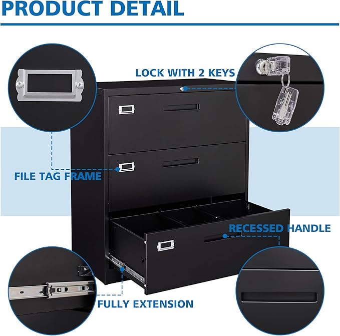 Lateral File Cabinet with LockMetal Filing Cabinet with 3 DrawerSteel Lateral File Cabinet for Legal/Letter A4 SizeWide File Cabinet for Office HomeAssembly Required