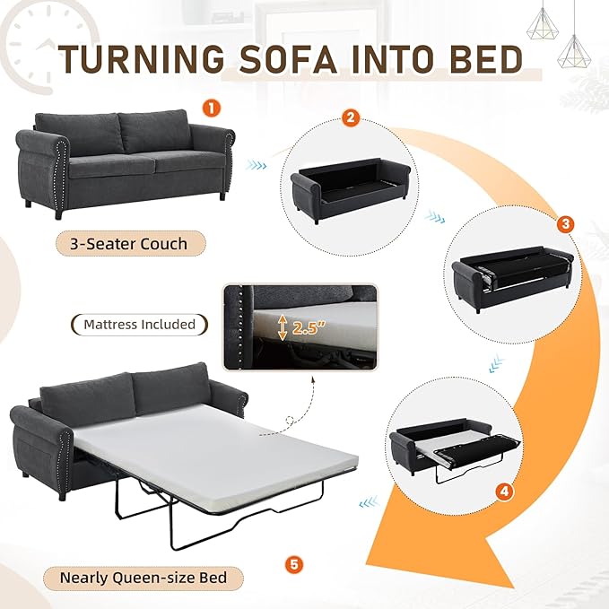 Pull Out Sofa Bed with Mattress Included Convertible Futon Oversized Chenille 3 Seater Loveseat Sleeper Sofa Couch Bed with Rivet Decoration &amp Rolled Arms for Guest Room Office Living Room Dark