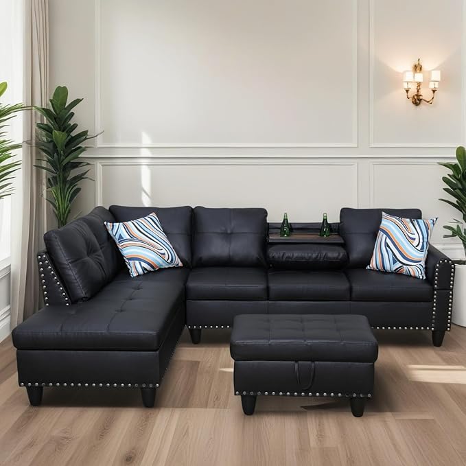 FONTOI L Shaped Sectional Couches for Living Room Modular 4 Seat Sofa with Ottoman Storage Modern Couch with Chaise for Bedroom Apartment Furniture Black