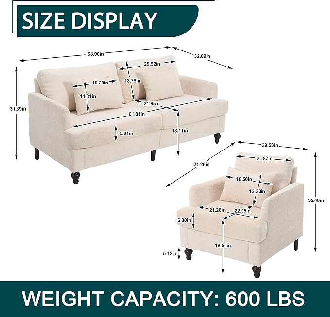 QQU Modern Upholstered Armchair Chenille Fabric Single Armchair with Cushions Living Room Lounge Chair Reading Chair with Solid Wood Frame Suitable for Bedroom Reception RoomBeige