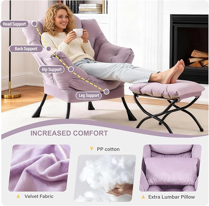 Lazy Chair with Ottoman Modern Accent Chair with Lumbar Pillow Velvet Light Purple Sofa Armchairs with Folding Footrest Oversized Supportive Chairs for Bedroom Reading