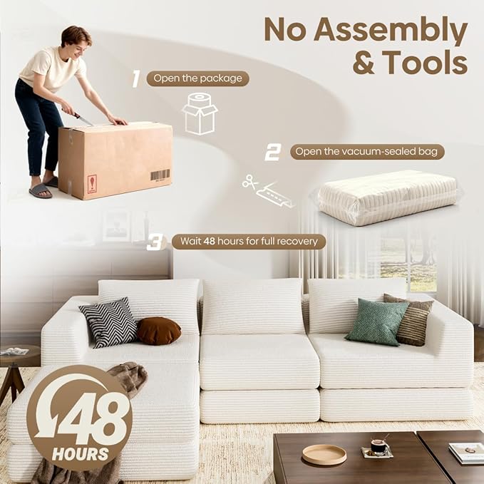 L-Shaped Corduroy Modular Sectional Couch Modern Floor Couch Sofa for Apartment Living Room Convertible Sleeper Sofa Bed with 3 Pillows No Assembly Required Beige