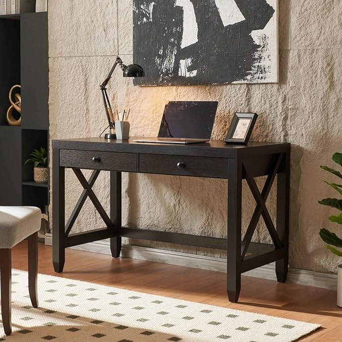 Home Office Desk with Two Smooth-Glide Drawers Thick Wooden Knob Handles Finished Back Panel and Sturdy X-Brace Leg Frame for Enhanced Stability Writing Table for Study