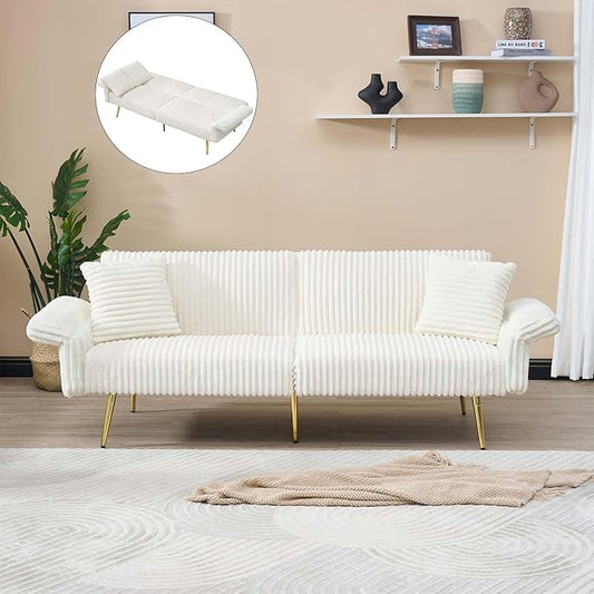 Modern Cozy Futon Sofa Bed White Loveseat with Adjustable Backrest and Armrests Corduroy Couch with Pillows Pocket for Small Spaces Living Room Apartment Or Office (White)