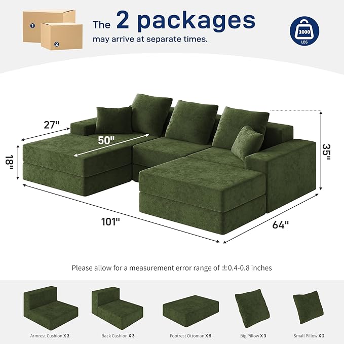 Living&ampGiving 101 U-Shaped Cloud Sectional Couch for Living Room Cloud Boneless Couch-No Assembly with Reversible Chaise Customizable 3-Seat Modular Sectional Sofa with 2 Ottoman Green