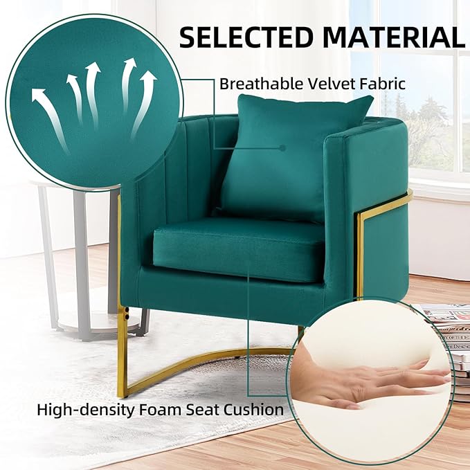 X-VOLSPORT Velvet Accent Chair Modern Barrel Arm Chair for Living Room/Bedroom/Guest Reception Upholstered Club Armchair with Pillow &amp Gold Base Green